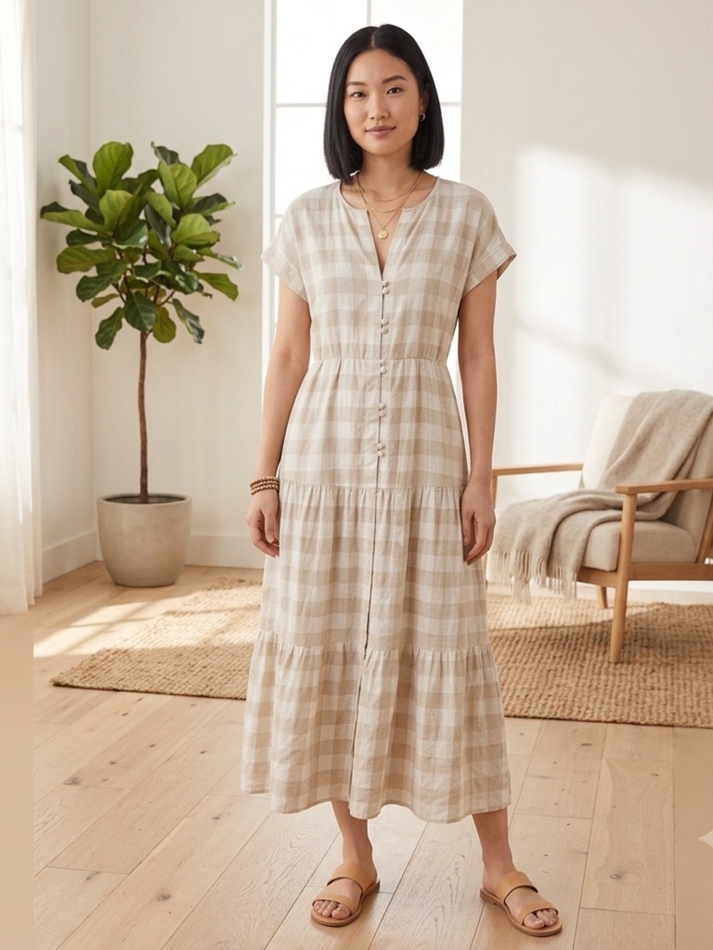 Madewell Button up Tiered Gingham plaid linen blend midi‎ dress Size XXS boho